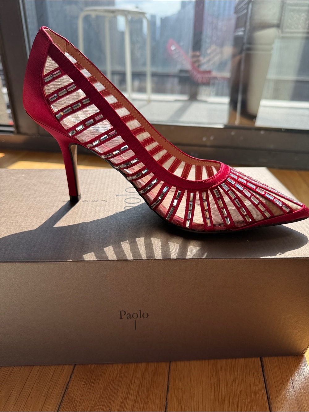 New, Linea Paolo Paola-L Ruby Red Satin 6.5